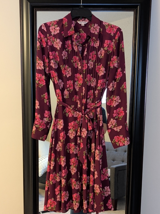Nanette Lepore Dresses & Skirts - Nanette Lepore Feminine Burgundy Long-Sleeve Floral Pintucked Dress